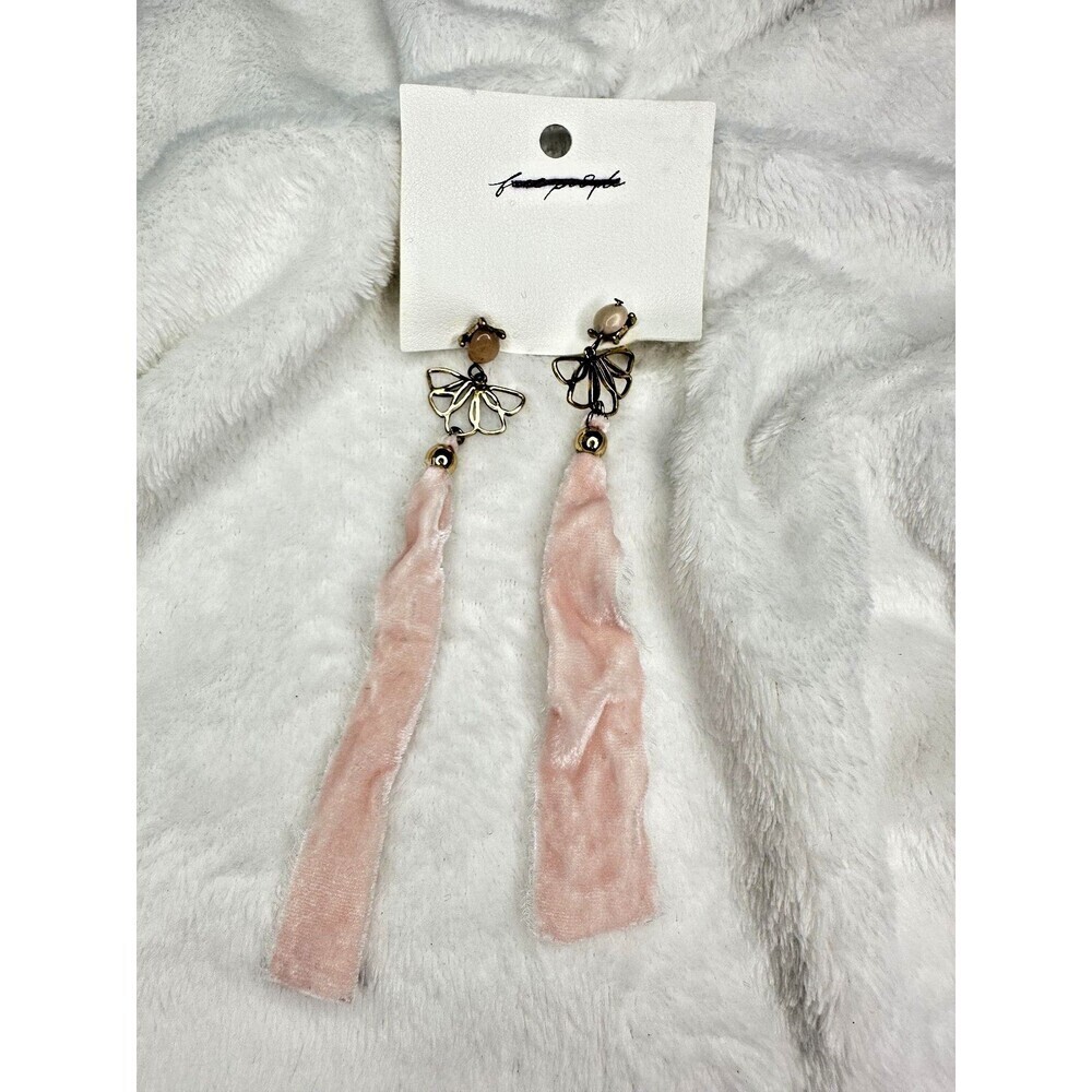 NEW Free People Dainty Coquette Fairy Lulu Pink Ribbon Dangle Earrings Lotus